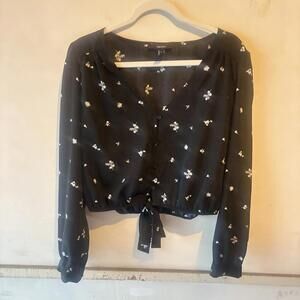 Forever 21 Black Floral Tie-Front Blouse